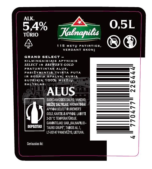 Prekės ženklas: Kalnapilis 115 METŲ PATIRTIES, VERDANT SKONĮ GRAND SELECT ALUS